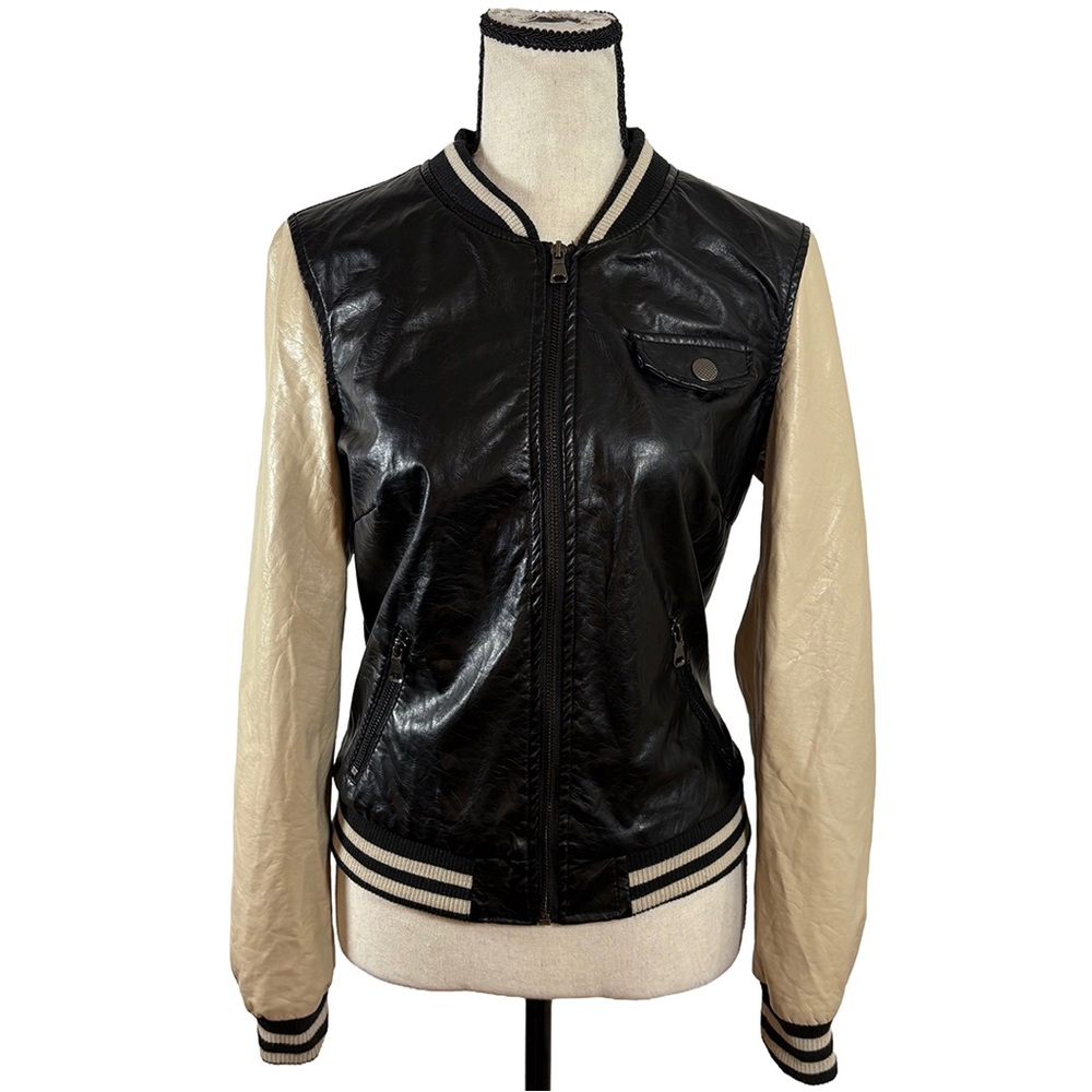 Ci Sono by Cavallini Faux Leather Varsity Bomber Jacket | Black & Cream